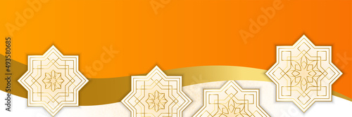 Islamic ramadan banner background with crescent pattern moon star mosque lantern. Vector illustration. Design for Eid Fitr, Eid Adha, Ashura, Islamic New Year, Muharram, Mawlid, Hajj, and Isra Miraj