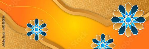 Islamic ramadan banner background with crescent pattern moon star mosque lantern. Vector illustration. Design for Eid Fitr, Eid Adha, Ashura, Islamic New Year, Muharram, Mawlid, Hajj, and Isra Miraj