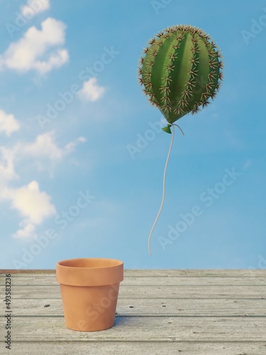 cactus escaping the flowerpot as balloon 3D-illustration