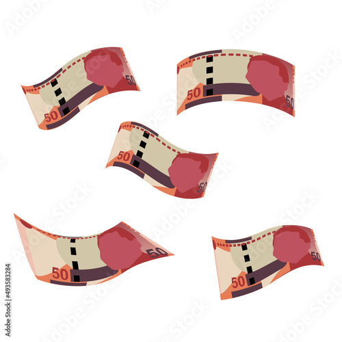 South Africa Rand Vector Illustration. African money set bundle banknotes. Falling, flying money 50 Db. Flat style. Isolated on white background. Simple minimal design.