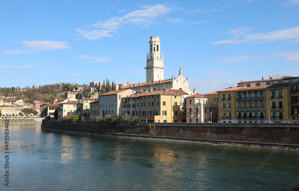 Adige River and the Cathedral of Verona city in Italy