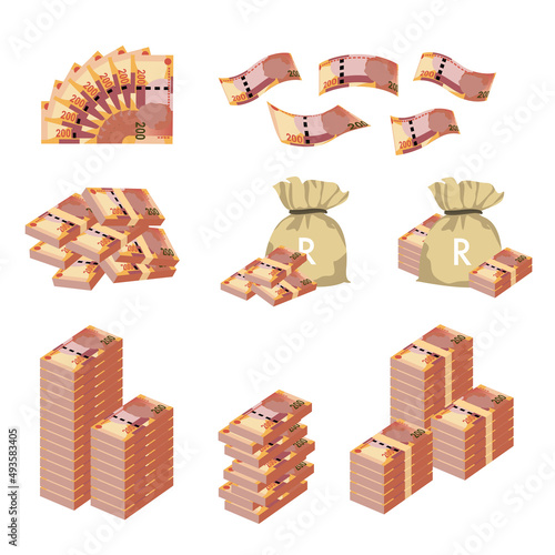 South Africa Rand Vector Illustration. Huge packs of African money set bundle banknotes. Bundle with cash bills. Deposit, wealth, accumulation and inheritance. Falling money 200 R.