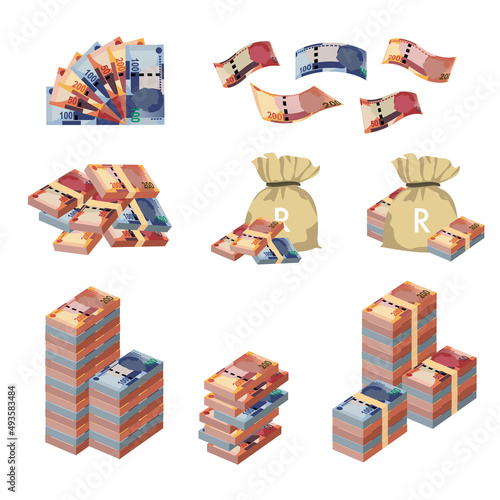 South Africa Rand Vector Illustration. Huge packs of African money set bundle banknotes. Bundle with cash bills. Deposit, wealth, accumulation and inheritance. Falling money 50, 100, 200 R.