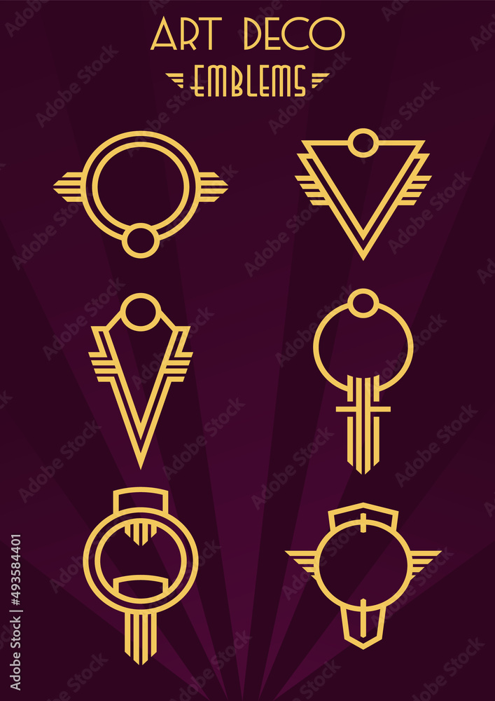 Art Deco Vintage Golden Emblems Set. 1920s, 1930s Style Illustration