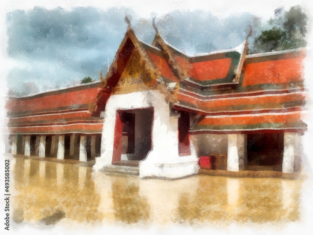 Ancient buildings in central Thai architecture in Wat Sa Bangkok Thailand watercolor style illustration impressionist painting. Ancient buildings in central Thai architecture in Wat Sa Bangkok Thailand watercolor style illustration impressionist painting.