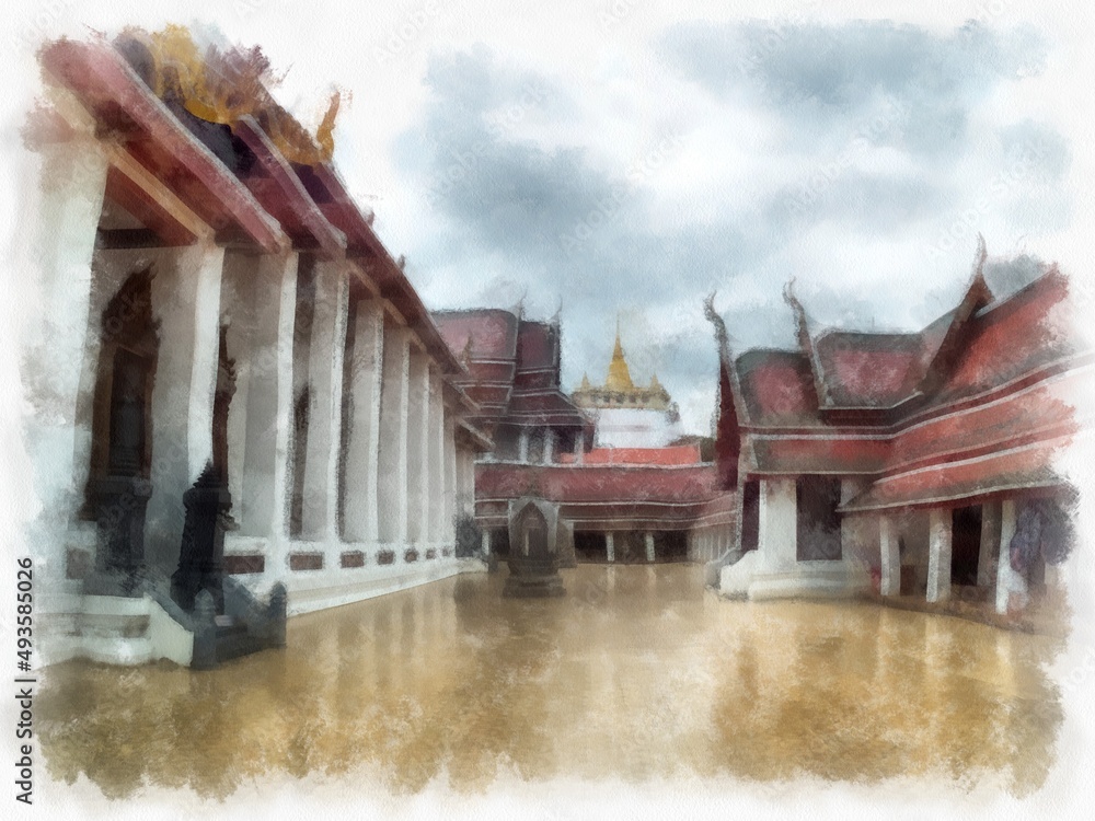 Ancient buildings in central Thai architecture in Wat Sa Bangkok Thailand watercolor style illustration impressionist painting. Ancient buildings in central Thai architecture in Wat Sa Bangkok Thailand watercolor style illustration impressionist painting.