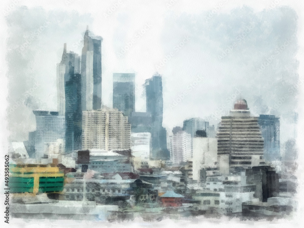 Bangkok city landscape Thailand watercolor style illustration impressionist painting.