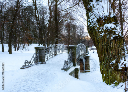 Bridges in a snow-covered winter park in Gatchina, Leningrad region, Russia