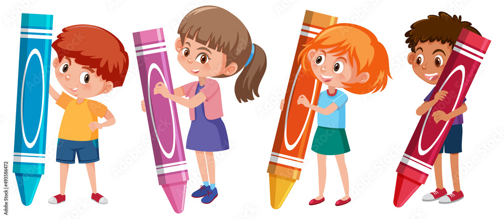 Set of different kids holding colour crayon sticks Set of different kids holding colour crayon sticks