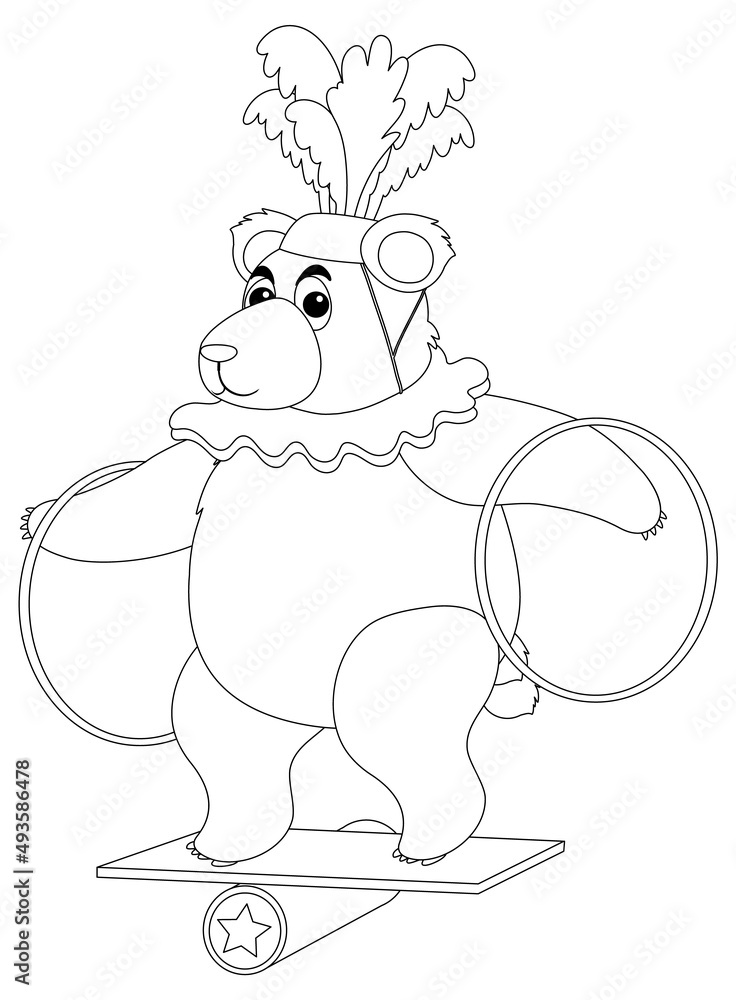 Circus bear hold hoop black and white doodle character Circus bear hold hoop black and white doodle character
