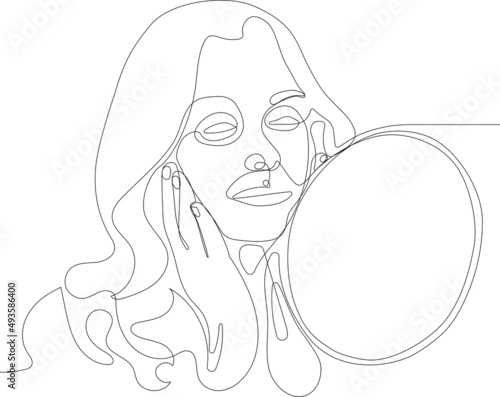 Continuous one line drawing of portrait middle age woman looking at mirror touching her skin. Vector illustration. Minimal outline concept
