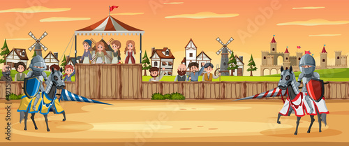 Medieval knight jousting tournament scene