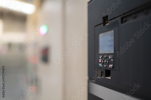 Control panel with circuit breakers, fuses, rails, wiring in the distribution board. Power electric in electrical cabinet control. Electricity and electrical maintenance service.