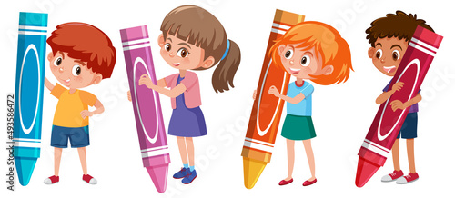 Set of different kids holding colour crayon sticks