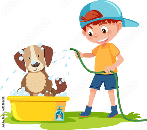 Little boy giving dog a bath