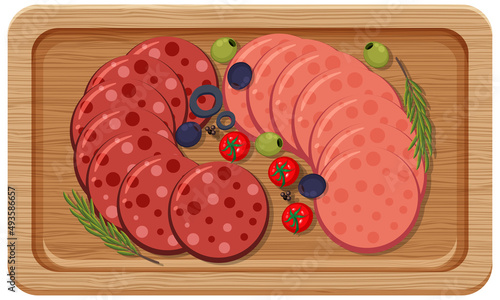 Top view of lunch meat on a wooden tray