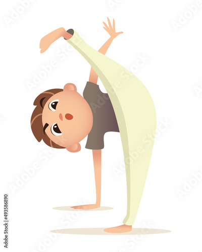 Boy trains in capoeira, stands in pose on one arm and leg, lifted the other leg up. Child goes in for sports