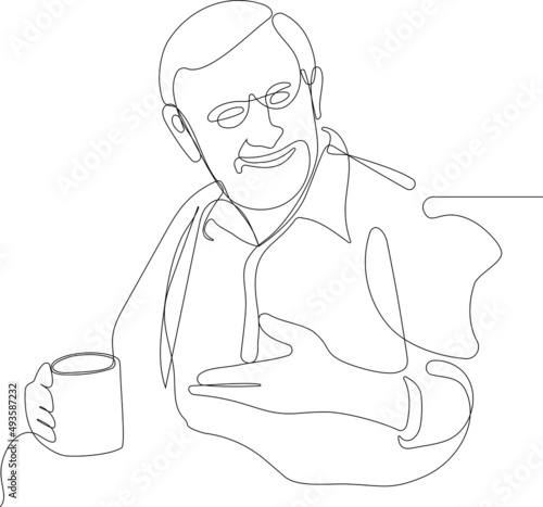 Continuous one line drawing of a relaxed senior gentleman old man drinking tea. Minimal outline concept for yuor design. Vector illustration