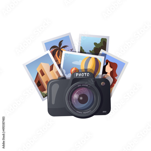 Camera and travel photos. Travel, tourism, adventure, journey, photography, memories concept. Isolated vector illustration for banner, poster, cover, advertising.