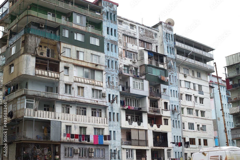 Residential building in Georgia Batumi. slums with balconies. high-rise building