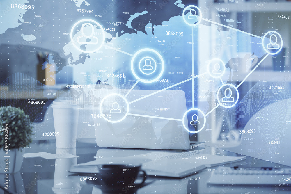 Double exposure of social network theme drawing and office interior background. Concept of web. Double exposure of social network theme drawing and office interior background. Concept of web.