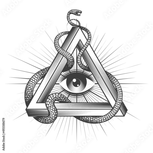 Masonic All seeing Eye inside Triangle with Snake of Wisdom Tattoo