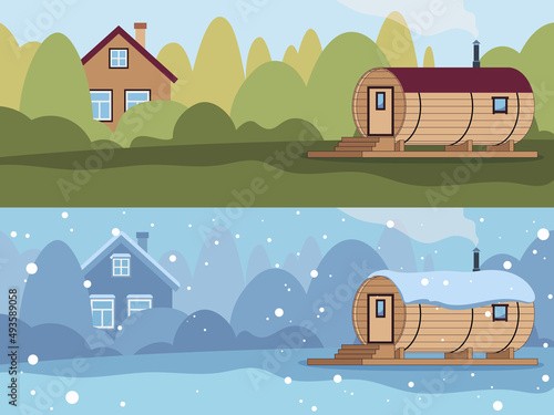 A barrel bath in the backyard of a village house. Vector illustration.