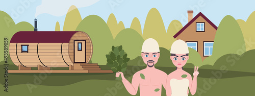 young couple taking spa treatments in a barrel bath in the backyard of a village house.