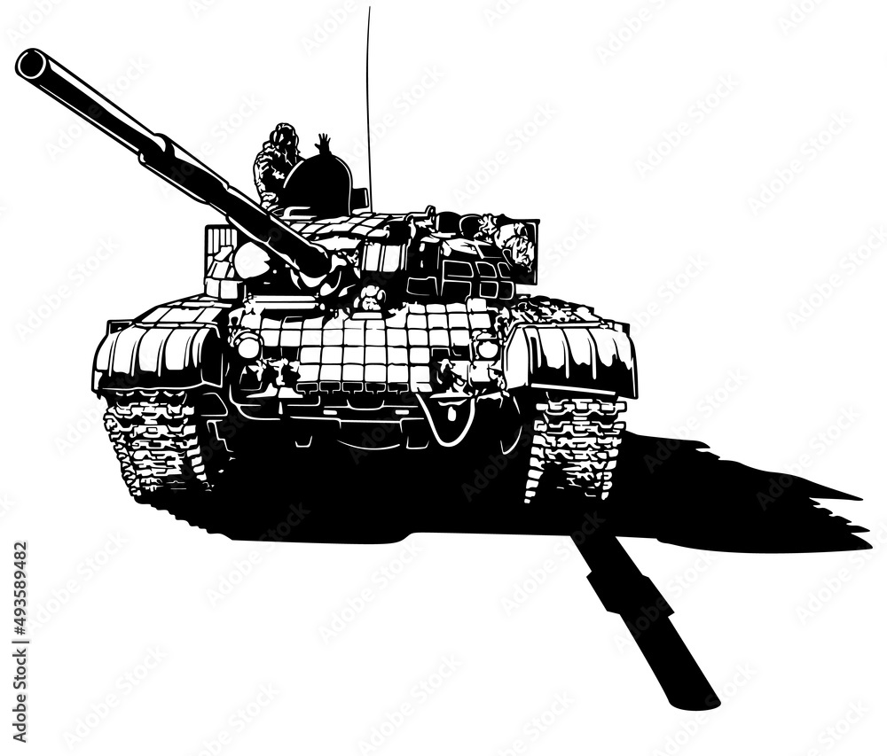 Drawing of Russian Battle Tank - Black and White Illustration Isolated ...