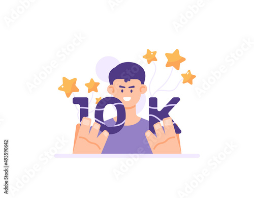 illustration of a man holding the number 10k. the concept of celebrating the party of achieving 10k followers, subscribers, buyers and sales. flat cartoon style. vector design. ui, landing page