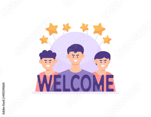 illustration of a team or group welcoming a new member or employee. welcome banner. welcome concept. invite people to join. greetings come. flat cartoon style. vector design. ui, element, landing page