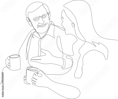 Continuous one line drawing of a relaxed senior gentleman old man and beautiful young girl are drinking tea. Minimal outline concept for yuor design. Vector illustration