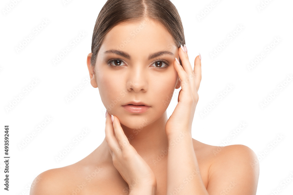 Portrait of attractive girl with healthy clean skin and beautiful make-up. Aesthetic cosmetology and makeup concept. Portrait of attractive girl with healthy clean skin and beautiful make-up. Aesthetic cosmetology and makeup concept.