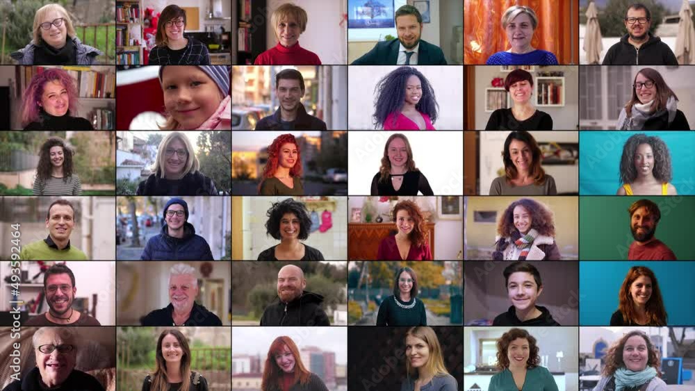 Collage or multi screen with a lot of different people. People of different generations and nations