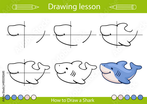 Drawing lesson. How to draw a Shark? Tutorial step by step. Kids drawing worksheet and activity page. Children vector illustration.
