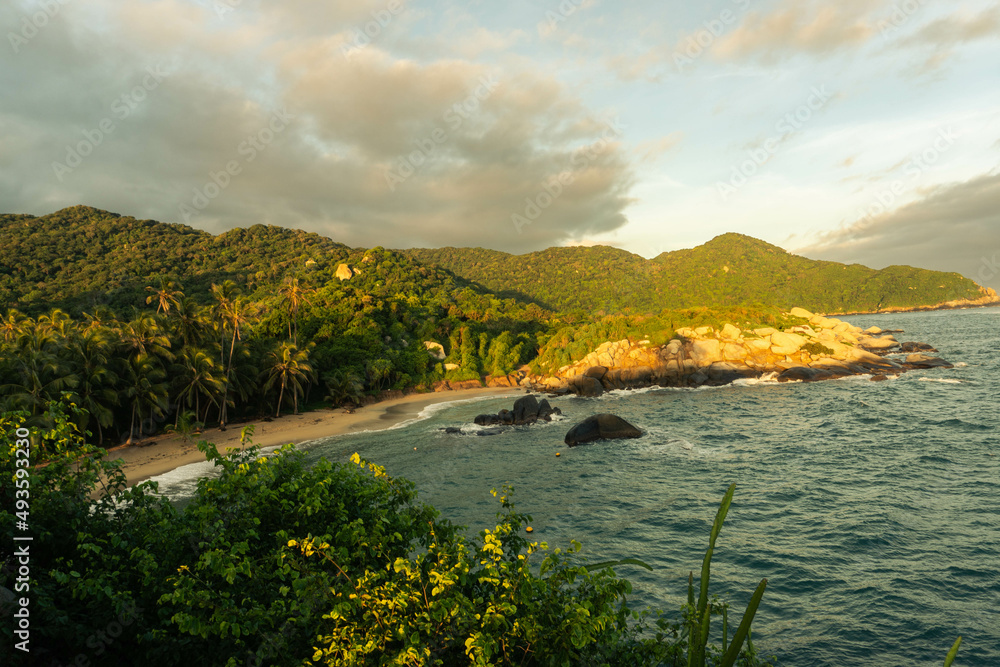 view of the sea and mountains, Tayrona beach, Colombia