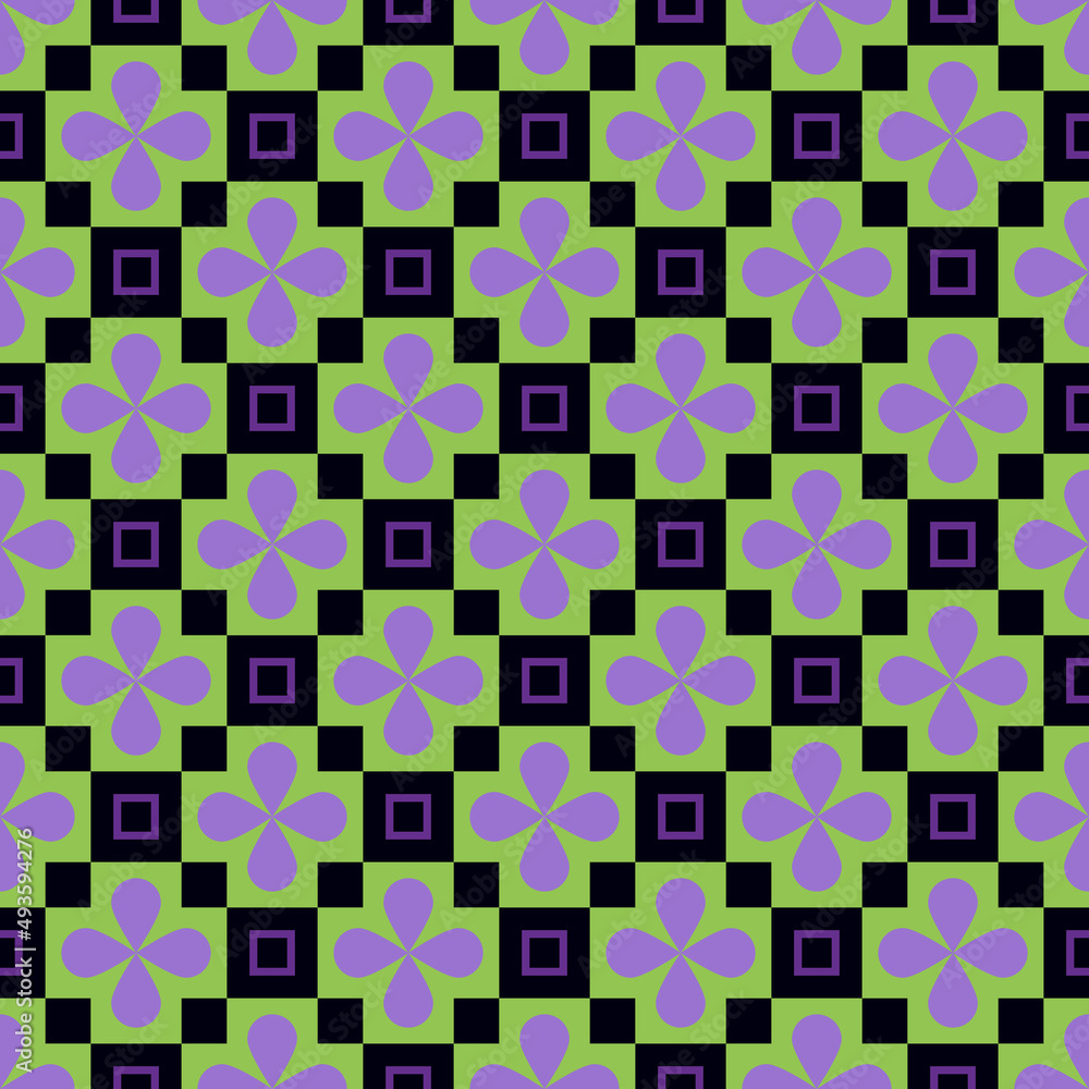 Crosses and Quatrefoils Texture, Retro Style, Geometric Interior Design, Tiles In Purple And Green Color, Vector Seamless Repeat Pattern Crosses and Quatrefoils Texture, Retro Style, Geometric Interior Design, Tiles In Purple And Green Color, Vector Seamless Repeat Pattern