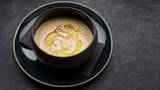 Mushroom cream soup, on a dark background with space for text