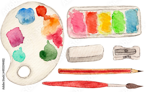 Watercolor collection of artist's tools. Paints, brush, pencil, grater, shavings, palette isolated on white background.