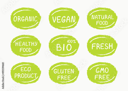 Set of hand drawn green food labels - natural, organic, healthy, eco product, vegan, bio, gluten free, gmo free, fresh. Vector illustration.