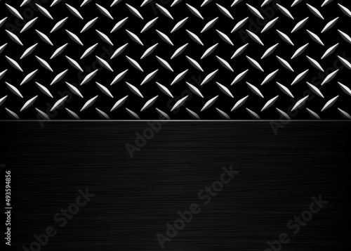 Black brushed metal texture with diamond metallic pattern, 3D steel plate technology vector illustration.