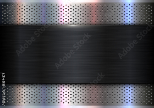Silver Black metallic background, brushed metal banner on perforated pattern back, 3D dark plate texture vector illustration.