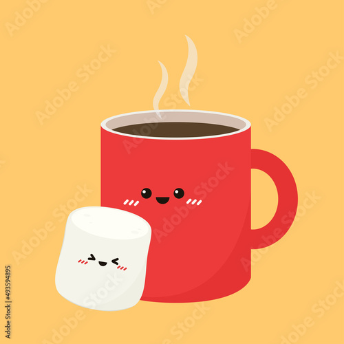 Funny Marshmallows characters  and cup of coffee. Marshmallows character design. Dessert cartoon.