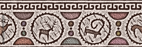 Ethnic border on the theme of rock paintings, vector design. Seamless pattern, banner. 