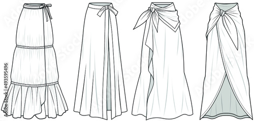 Women Sarong Long Skirt, wrap skirt, Casual Wrap Maxi Skirt, Tiered Wrap Skirt, Wrap Around Skirt Fashion Illustration, Vector, CAD, Technical Drawing, Flat Drawing. photo