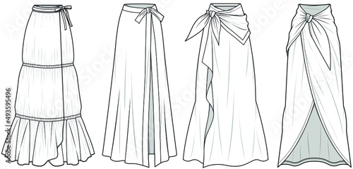 Women Sarong Long Skirt, wrap skirt, Casual Wrap Maxi Skirt, Tiered Wrap Skirt, Wrap Around Skirt Fashion Illustration, Vector, CAD, Technical Drawing, Flat Drawing.