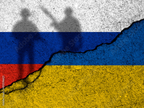 Russia and Ukraine flags. Military soldiers, armed men silhouette. War crisis, political conflict. Cracked concrete wall background