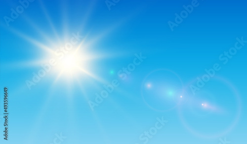 Sun with lens flare and blue sky, vector sunny background. © Cobalt