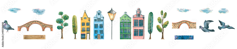 Watercolor illustration of a set of cute old town houses.