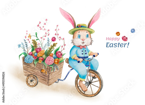 Cute Easter bunny in the hat on the cart with flowers and eggs. Watercolor illustration.